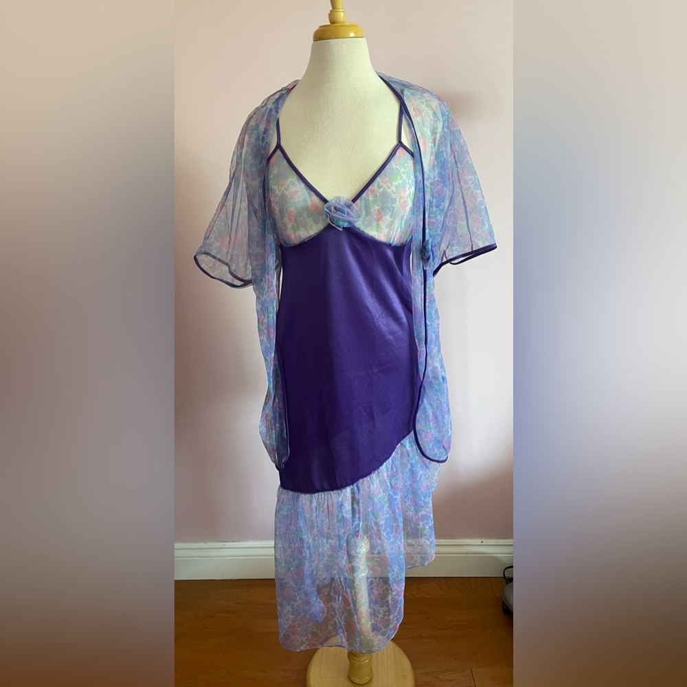 Stunningly Feminine Vintage Sheer Floral Nightgown and Night Jacket Set